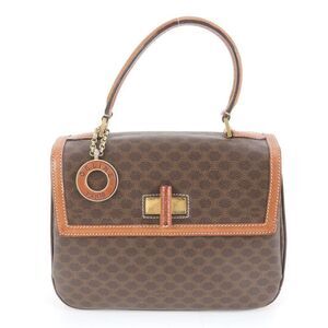 Celine Macadam Circle Logo Leather Handbag Top Handle Genuine Leather Brown